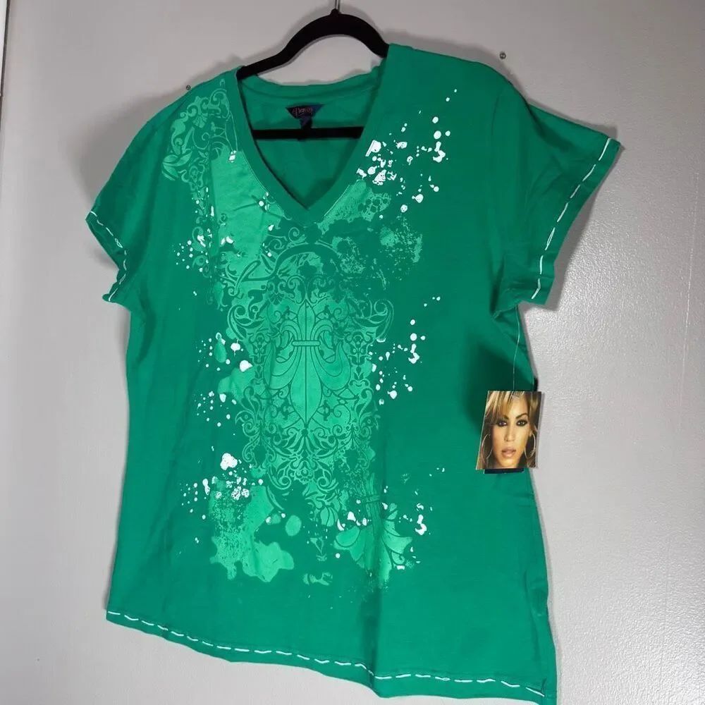 NWT Dereon Green Paint Splatter Y2K Logo Graphic Tee T Shirt